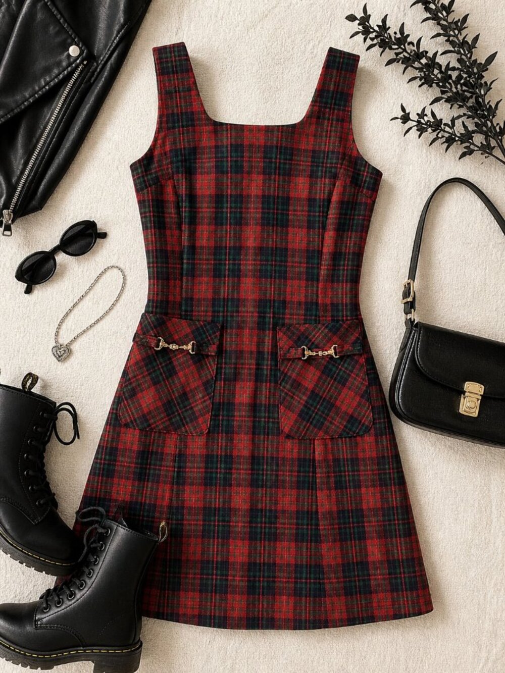 Vintage Why Not Plaid Mini Dress Red Green Tartan 90s Grunge